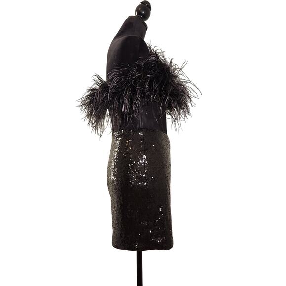ALYCE PARIS NWT Black Sequin Mini Dress with Feathered Mesh Bodice, Size 6 - Picture 2 of 13
